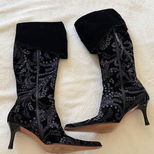 Saks Fifth Avenue Black and Silver Heeled velvet Boots zip side